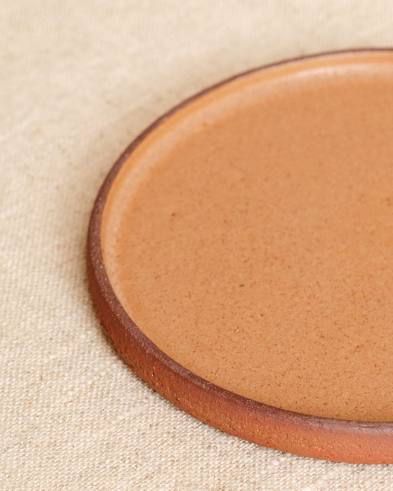 Close-up of a terracotta plate with a brown rim on a beige fabric background