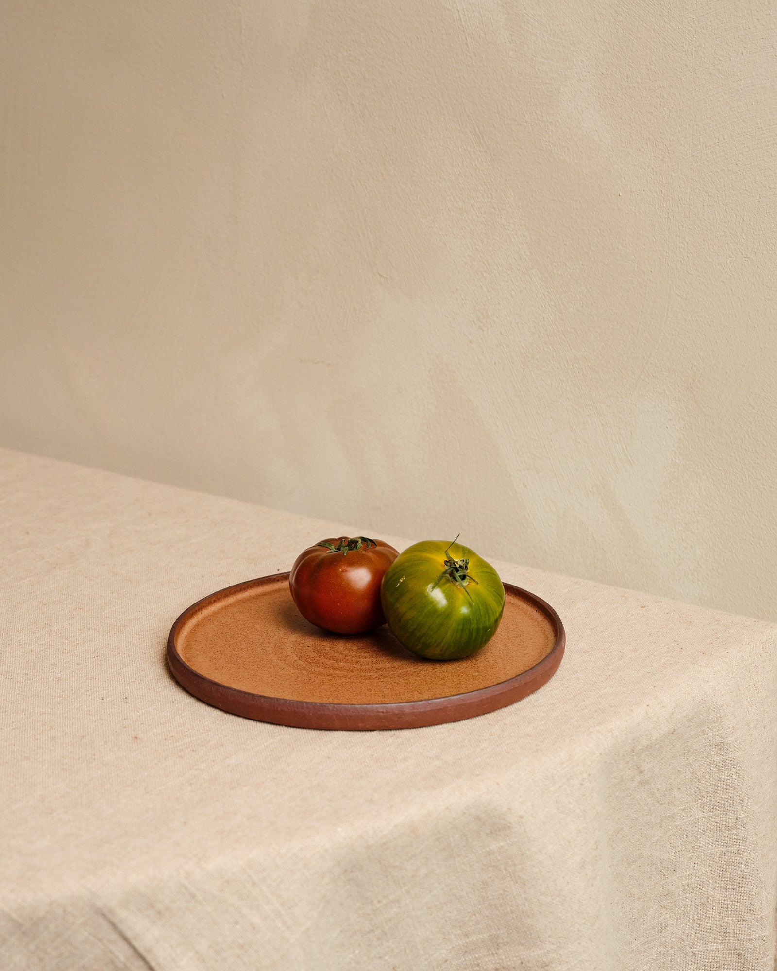 Two tomatoes on a ceramic plate with a plain background