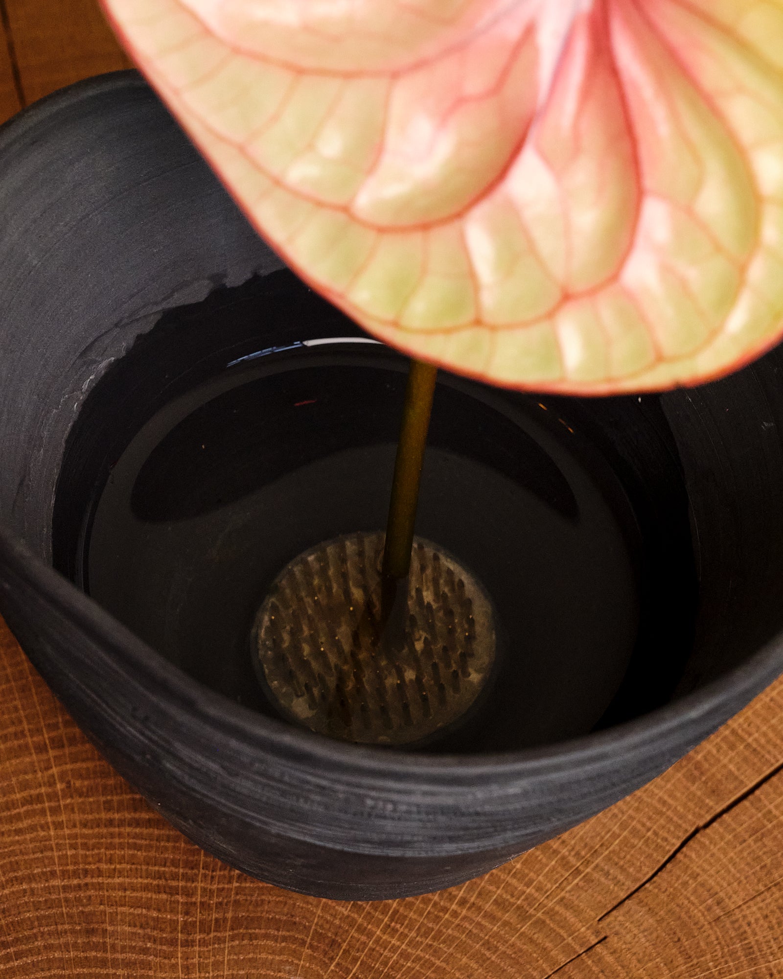 Close-up of a leaf being poured into a black container on a wooden surface