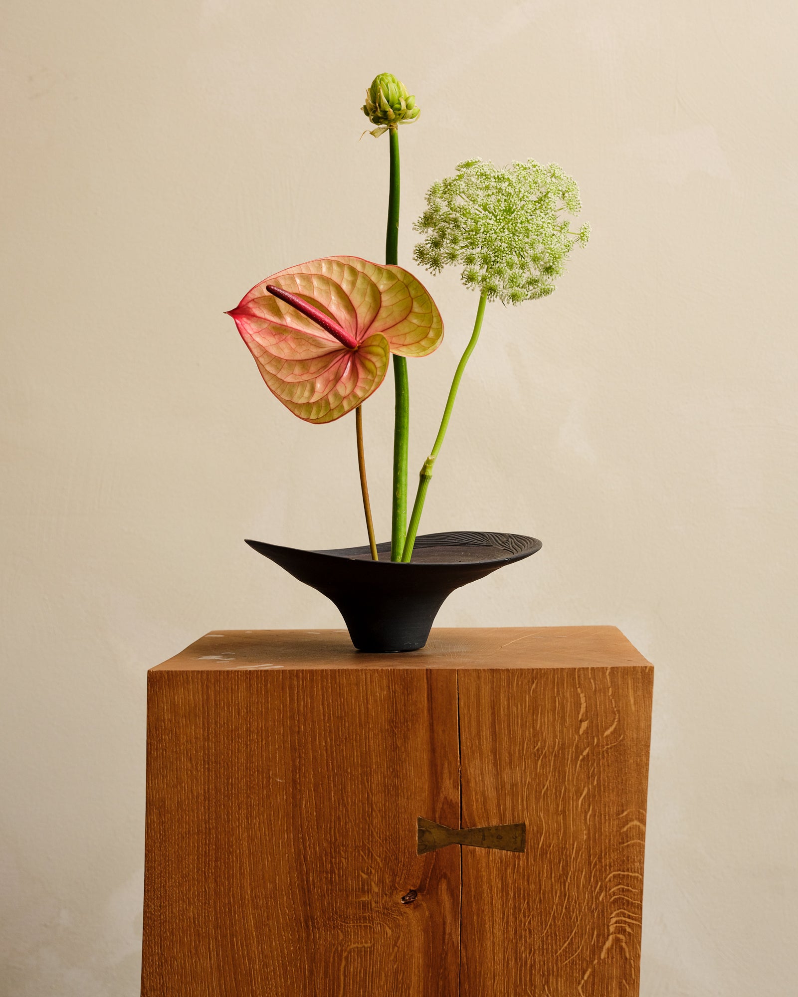 Black vase with flowers on a wooden cabinet against a beige background