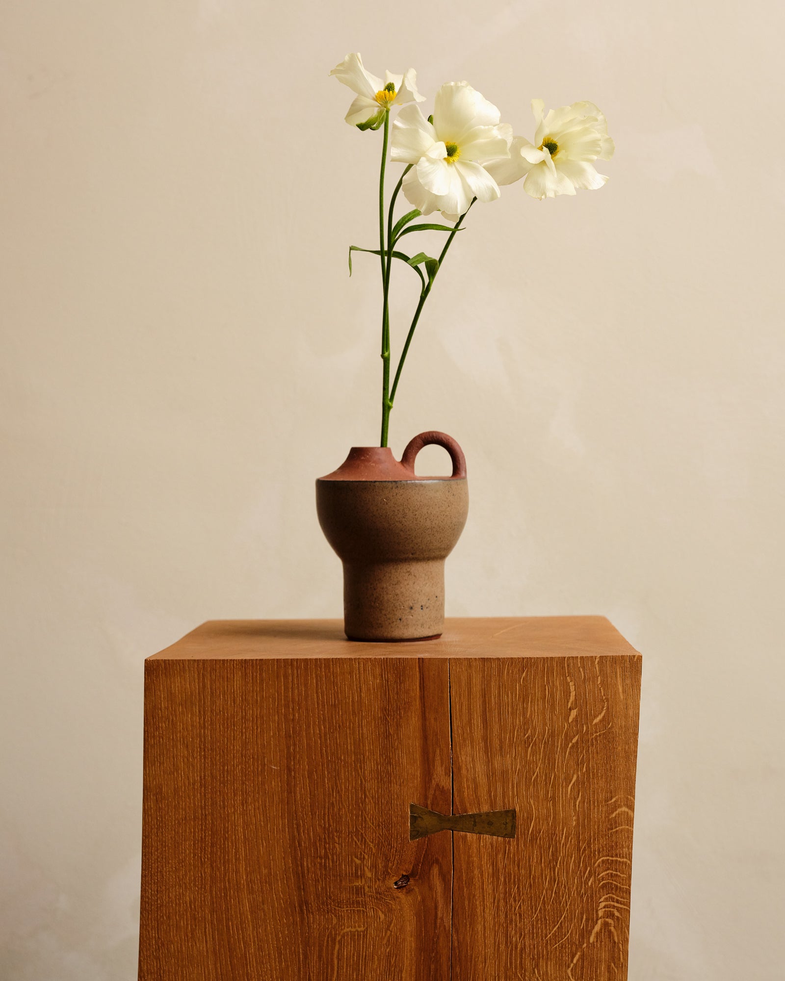 Ceramic vase with white flowers on a wooden cabinet against a beige background